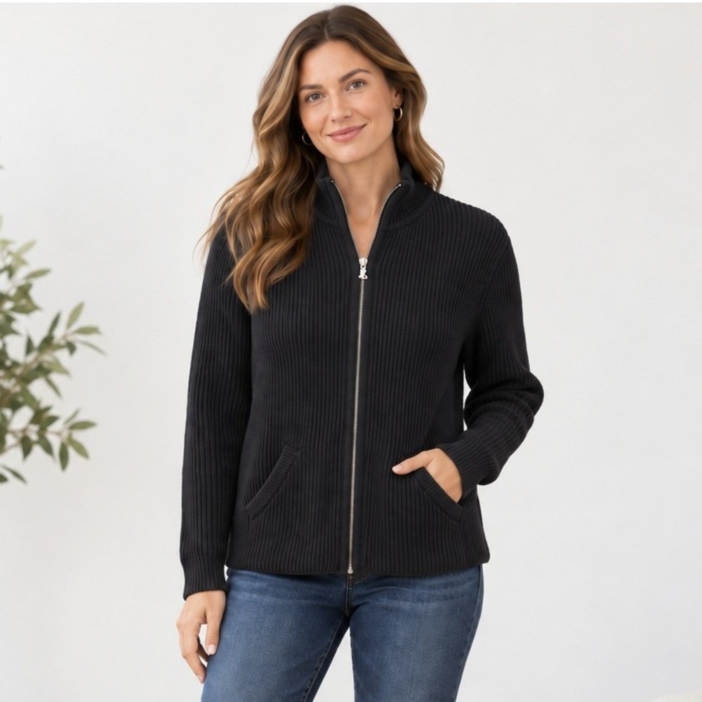 Vintage Lauren Ralph Lauren Full Zip Cardigan Women Large Black Ribbed Sweater